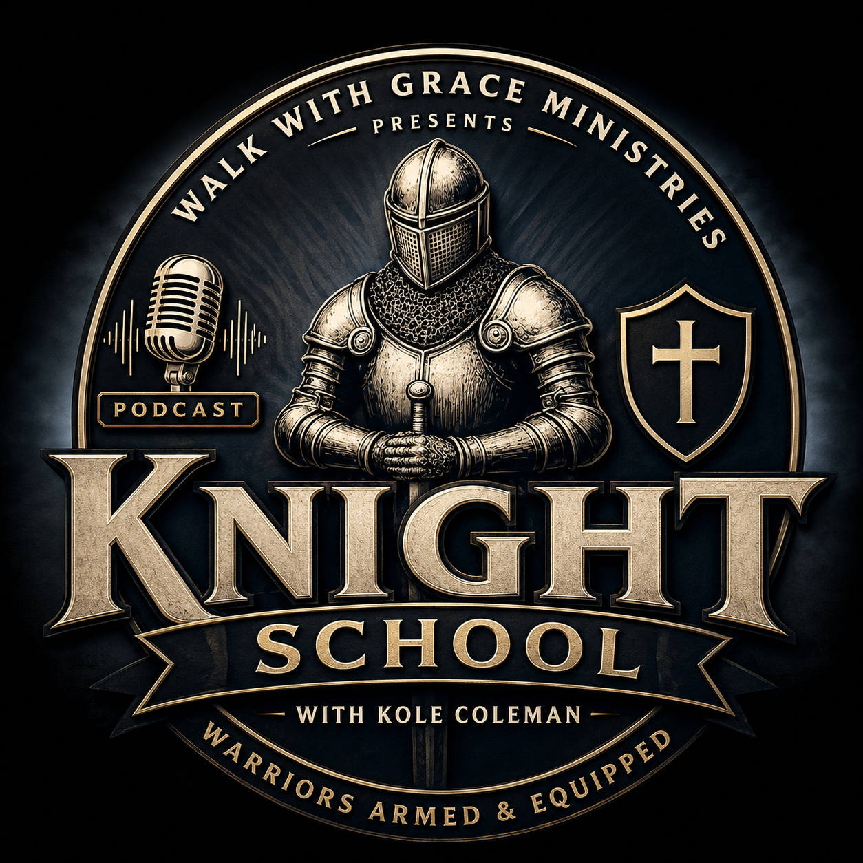 Knight School podcast emblem featuring an armored knight, microphone, cross, shield, and the words Warriors Armed and Equipped